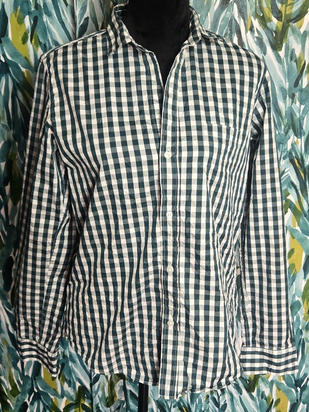 Frank & Eileen Barry Crinkle Button-Up Shirt Green White Gingham Plaid Size M